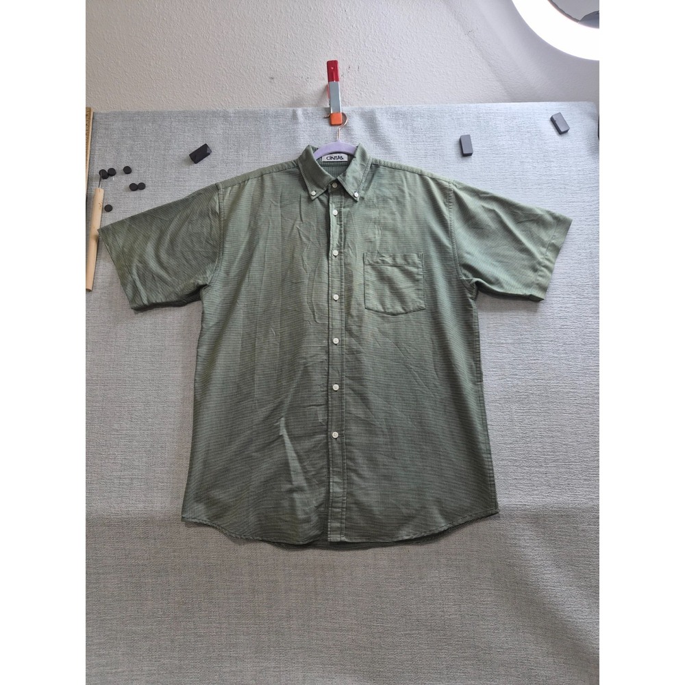Cintas Shirt Mens Green Geometric Shirttail Hem Casual Button Down Back Box